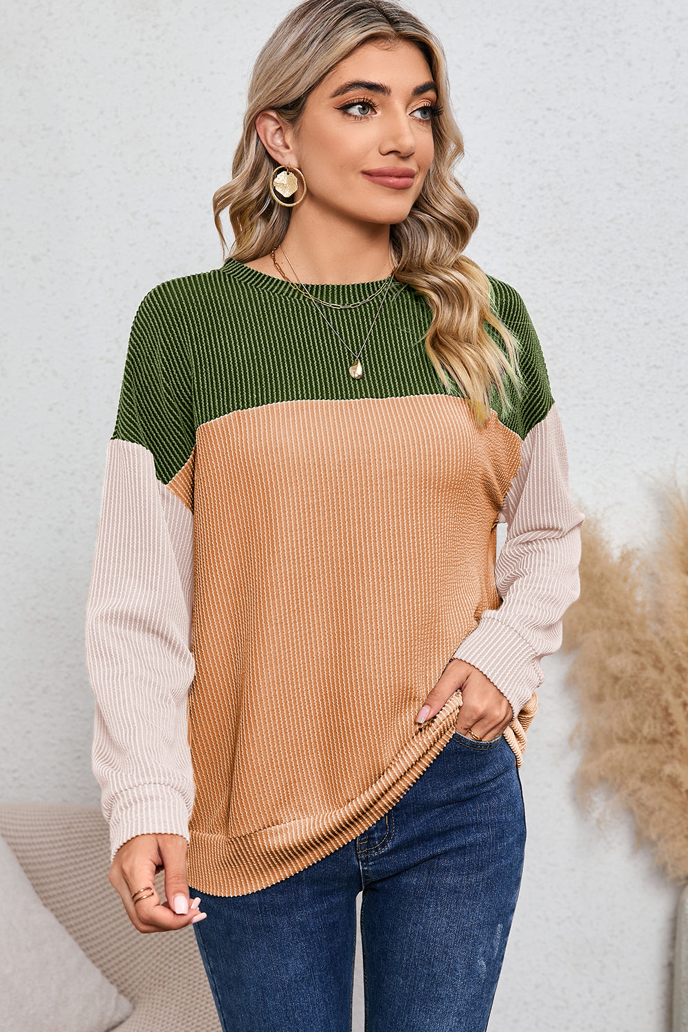 Khaki Color Block Ribbed Loose Long Sleeve Top