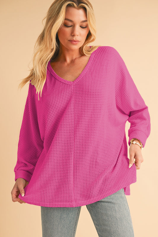 Rose Red Waffle Knit Side Slits Loose Fit V Neck Top