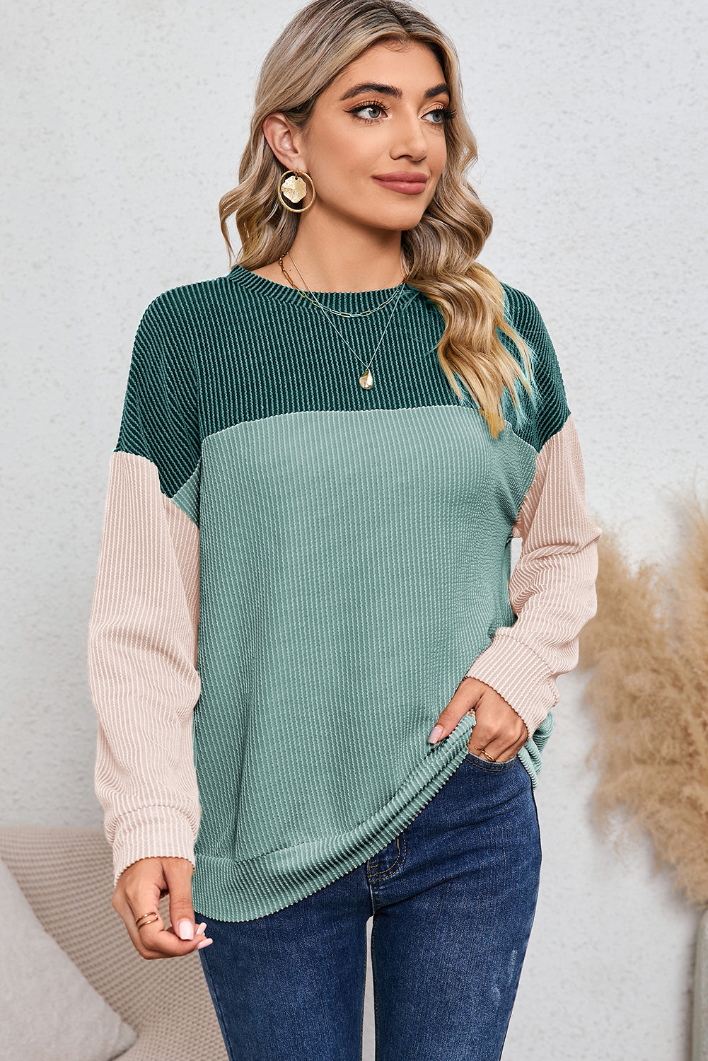 Khaki Color Block Ribbed Loose Long Sleeve Top