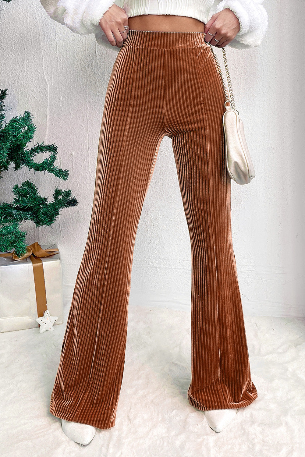 Chestnut Solid Color High Waist Corduroy Flare Pants