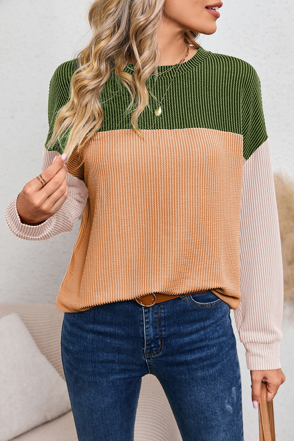 Khaki Color Block Ribbed Loose Long Sleeve Top