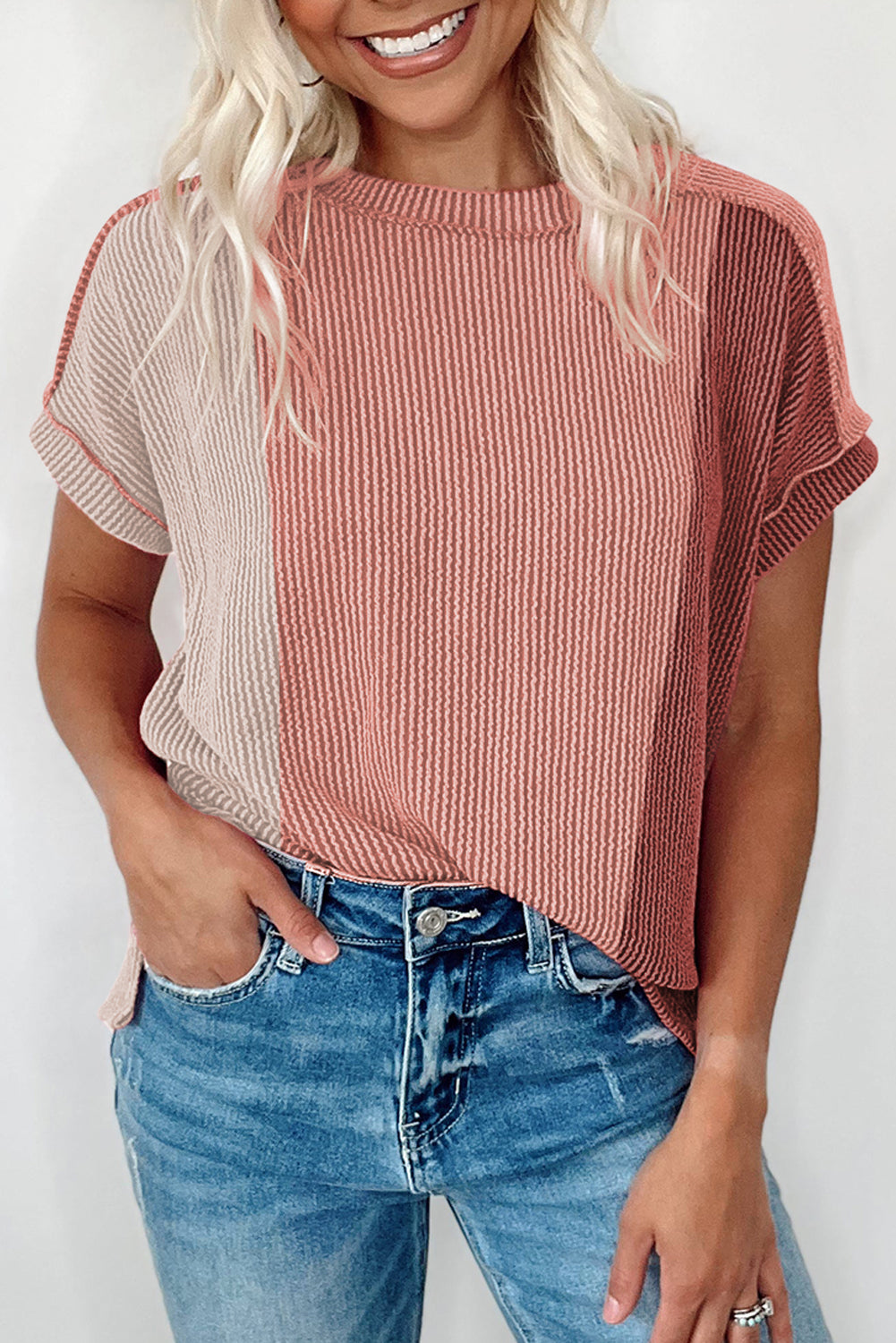 Pink Textured Colorblock Round Neck T Shirt