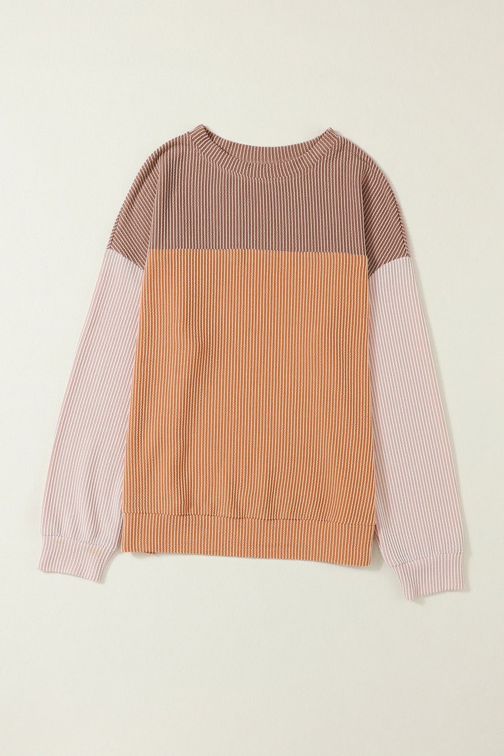 Khaki Color Block Ribbed Loose Long Sleeve Top