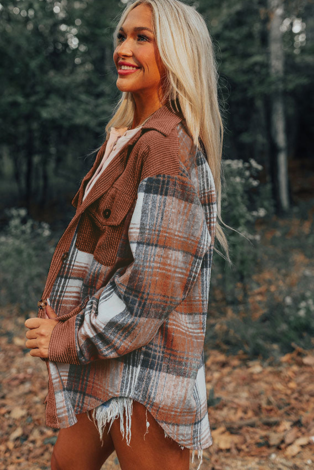 Cinnamon Plaid Corduroy Patchwork Pocket Loose Shacket