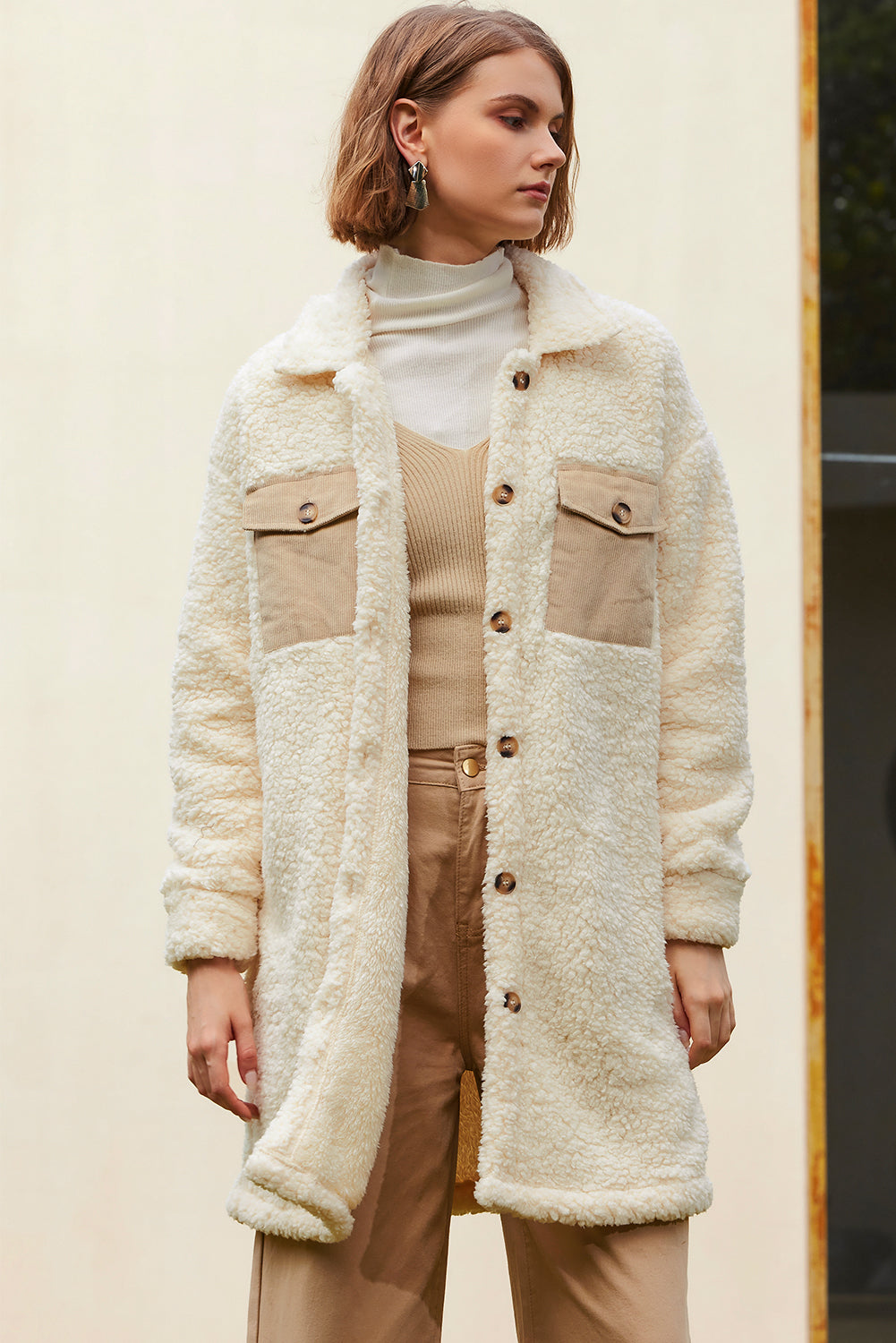 Beige Contrast Flap Pocket Single Breasted Teddy Coat