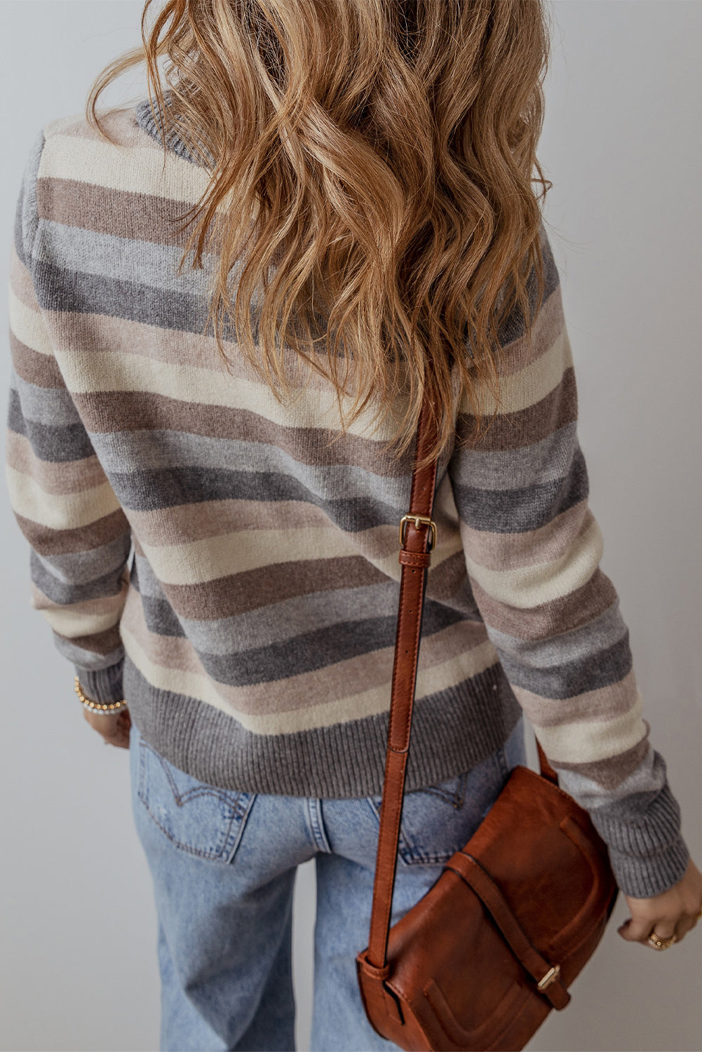 Gray Striped Ribbed Edge Round Neck Sweater