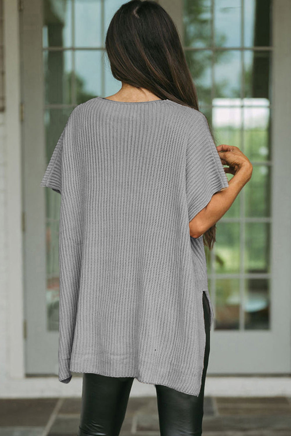 Apricot Side Slit Short Sleeve Oversized Sweater