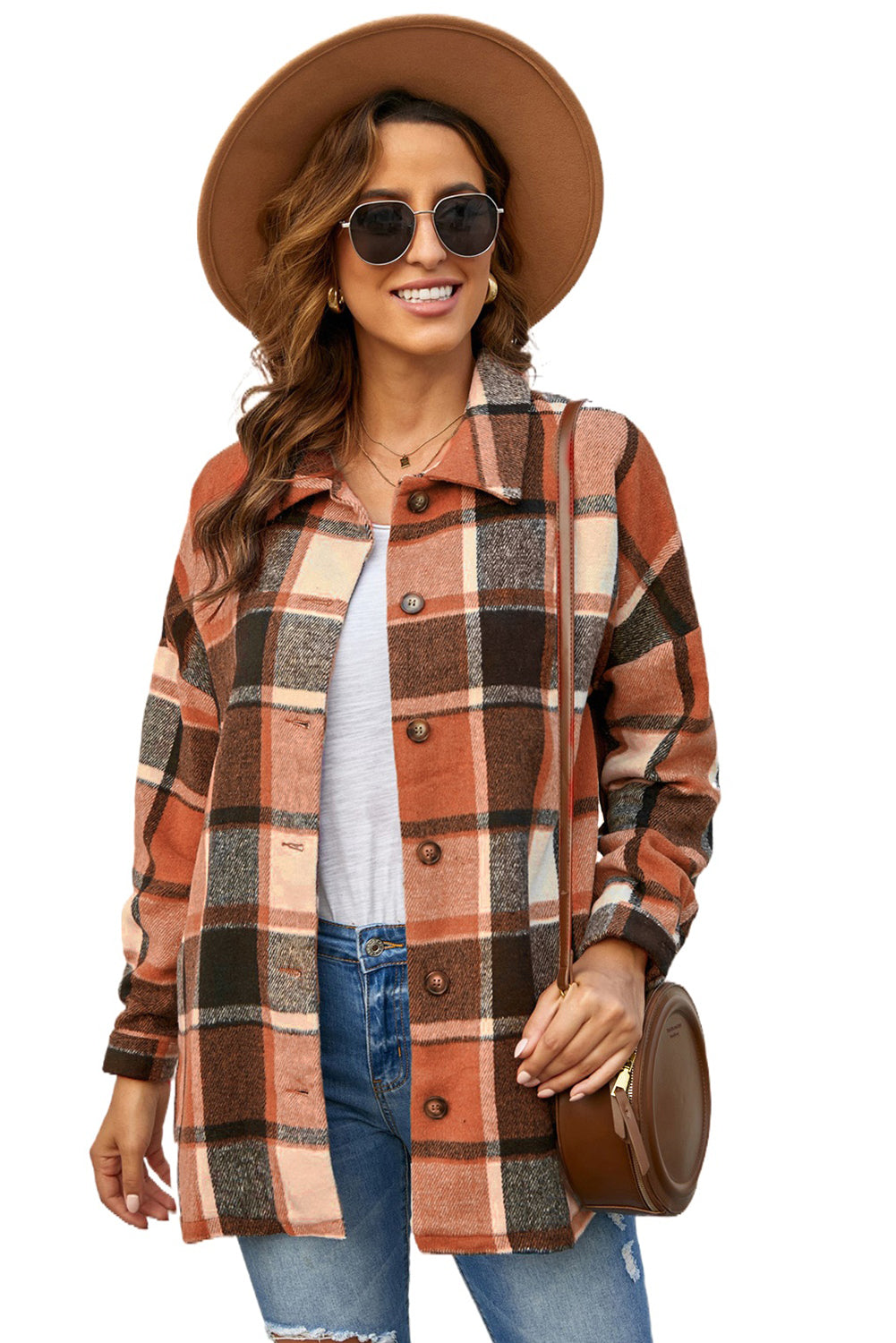 Orange Plaid Button Up Long Sleeve Flannel Shacket