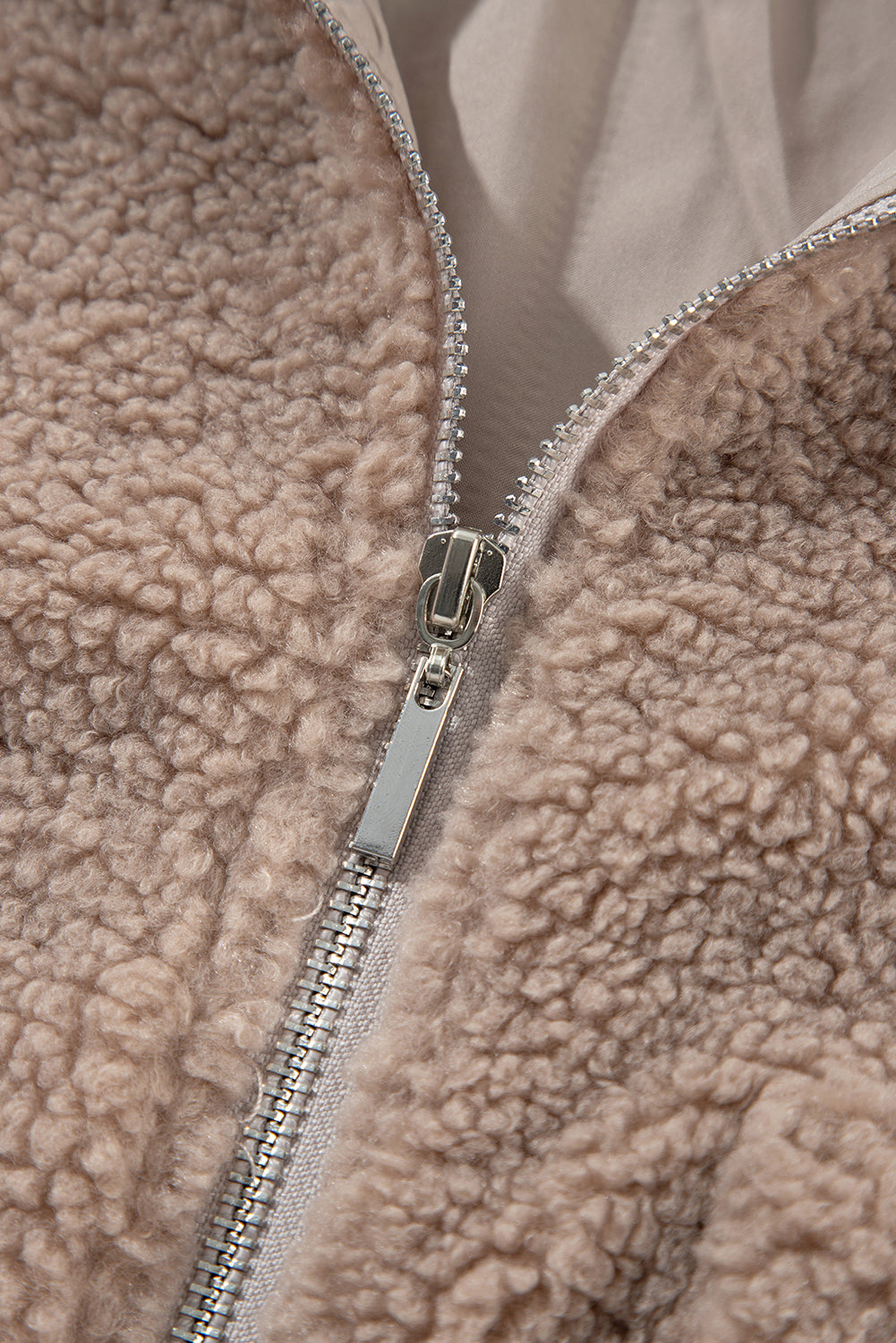 Light French Beige Zipper Pocketed Winter Fuzzy Jacket