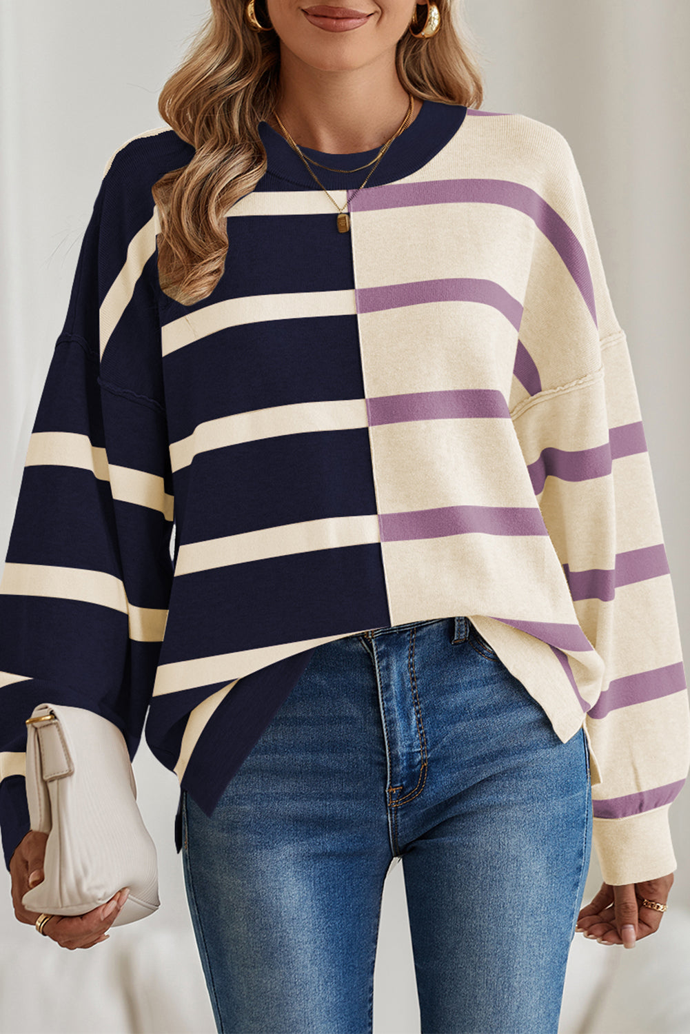 Khaki Stripe Exposed Seam Loose Sweatshirts