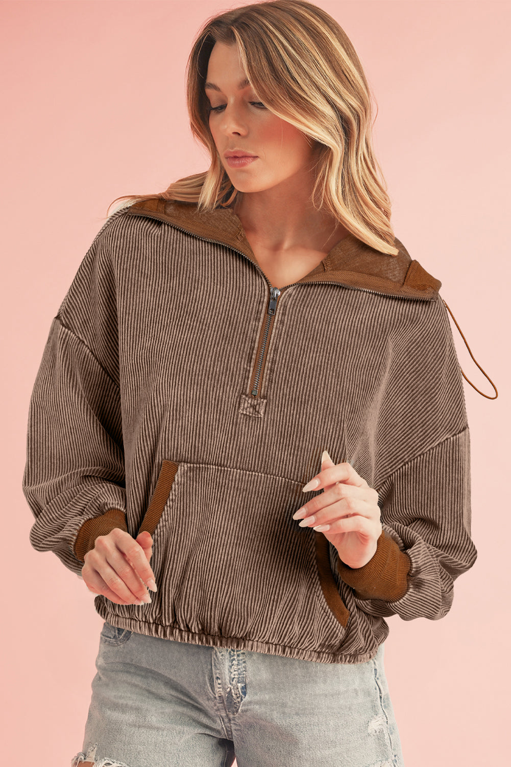 Chestnut Half Zipper Kangaroo Pocket Drawstring Corduroy Hoodie