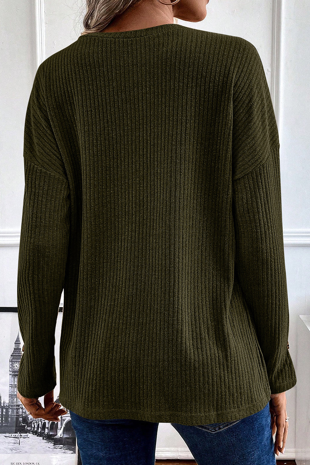 Khaki Drop Shoulder Ribbed Knit Long Sleeve Henley Top