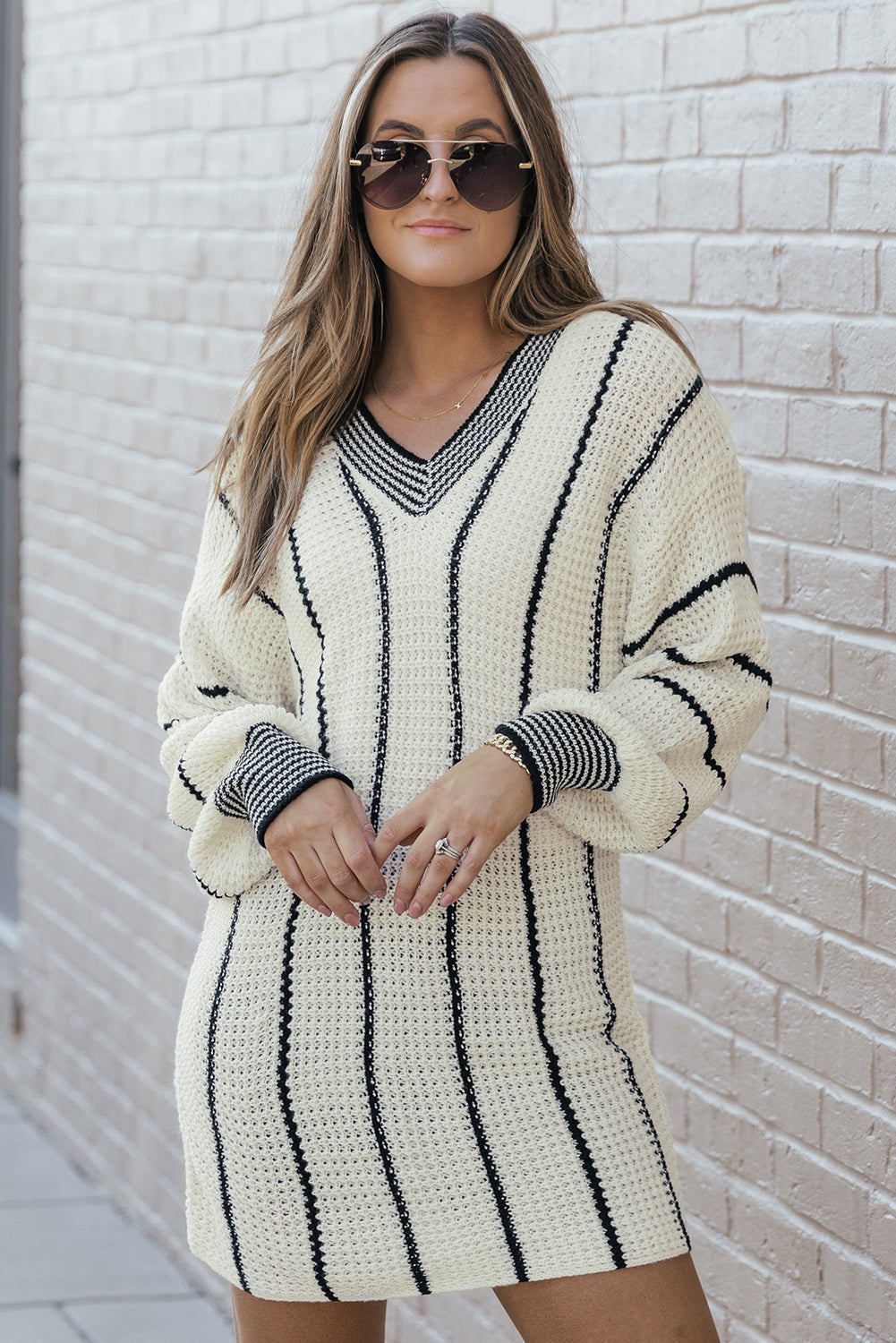 Gray Contrast V Neck Loose Tunic Sweater