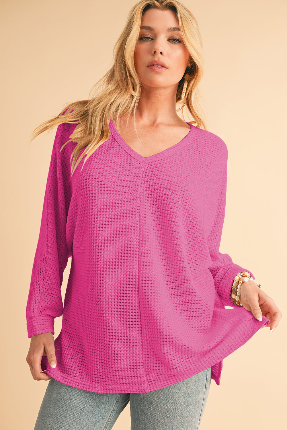 Rose Red Waffle Knit Side Slits Loose Fit V Neck Top