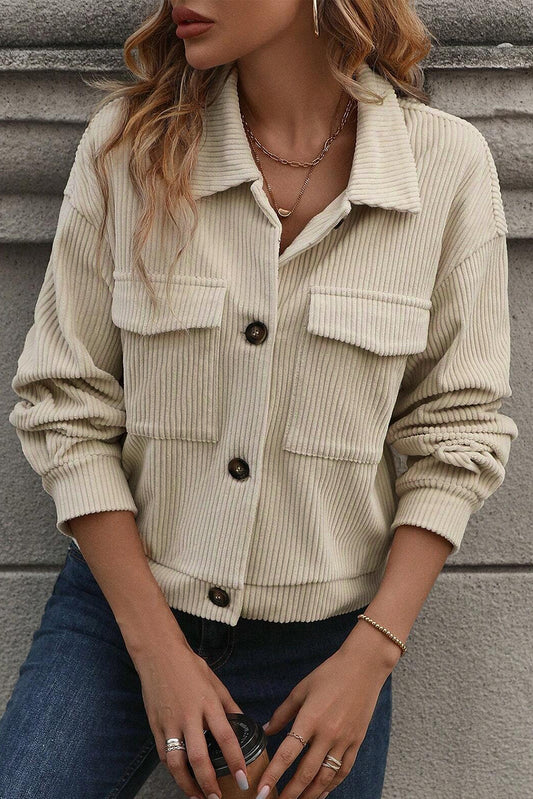 Beige Flap Pockets Turn Down Collar Corduroy Shacket