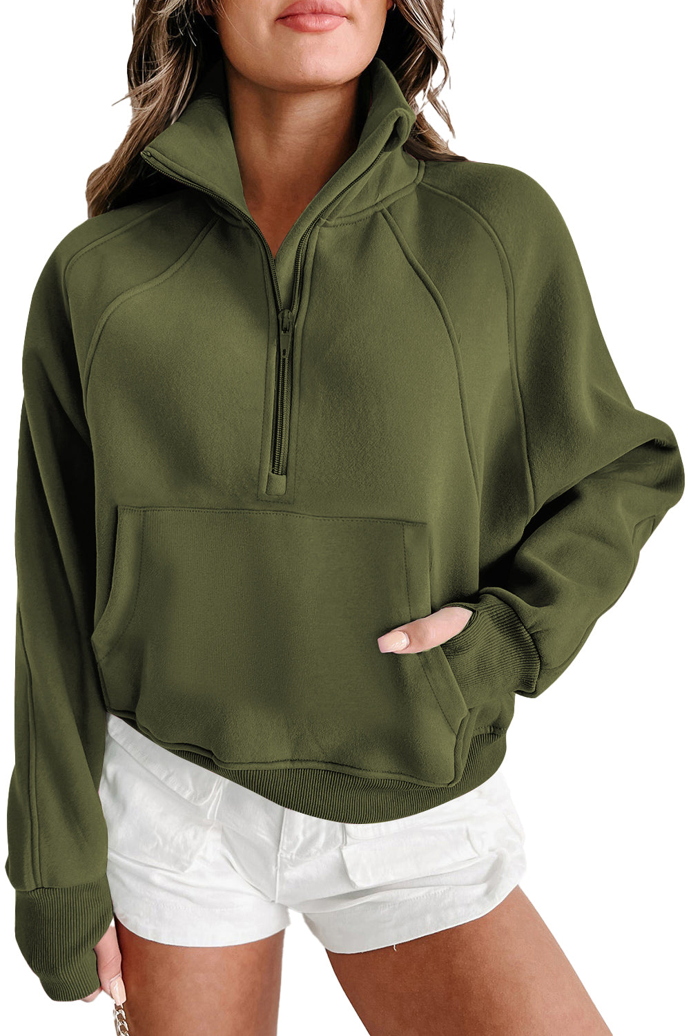 Brown Zip Up Stand Collar Thumbhole Sleeve Sweatshirt