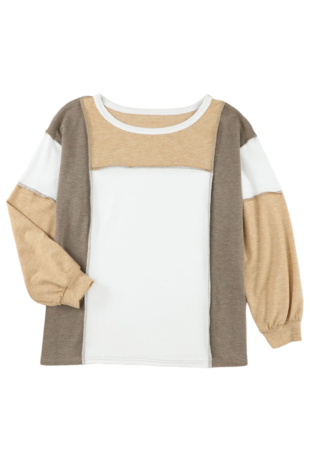 Khaki Color Block Exposed Seam Long Sleeve Top