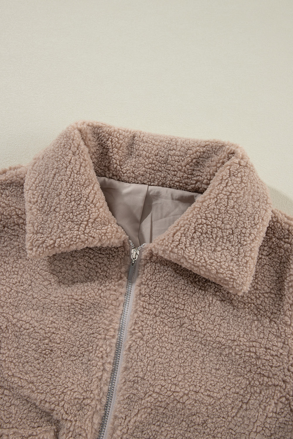 Light French Beige Zipper Pocketed Winter Fuzzy Jacket