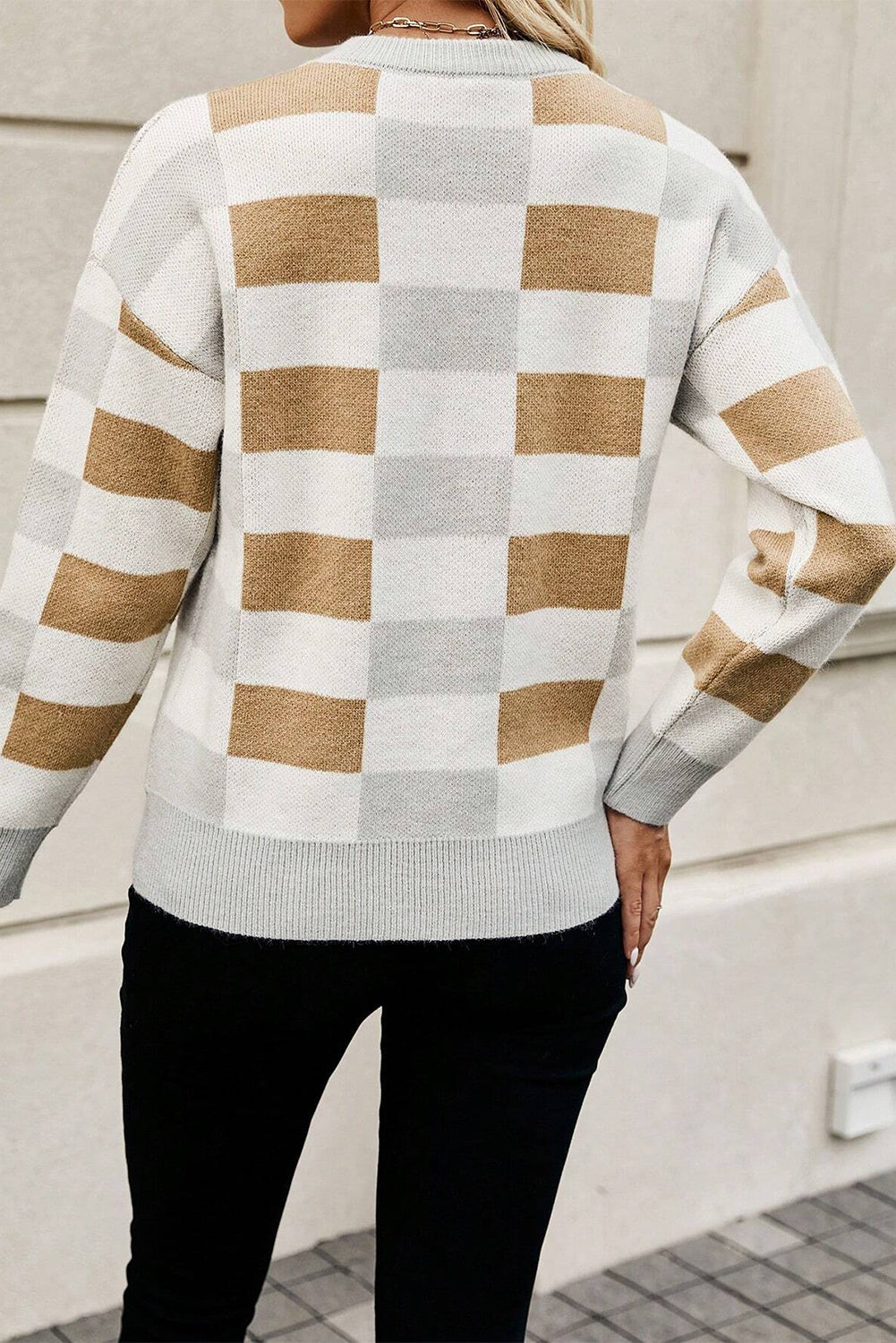 Black Checkered Crew Neck Drop Shoulder Knit Sweater