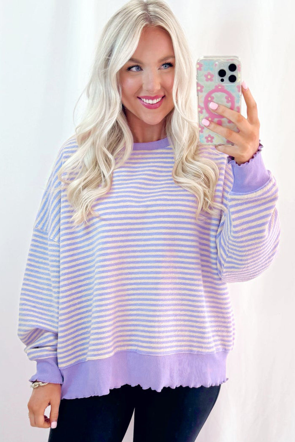 Pink Stripe Drop Shoulder Long Sleeve Top