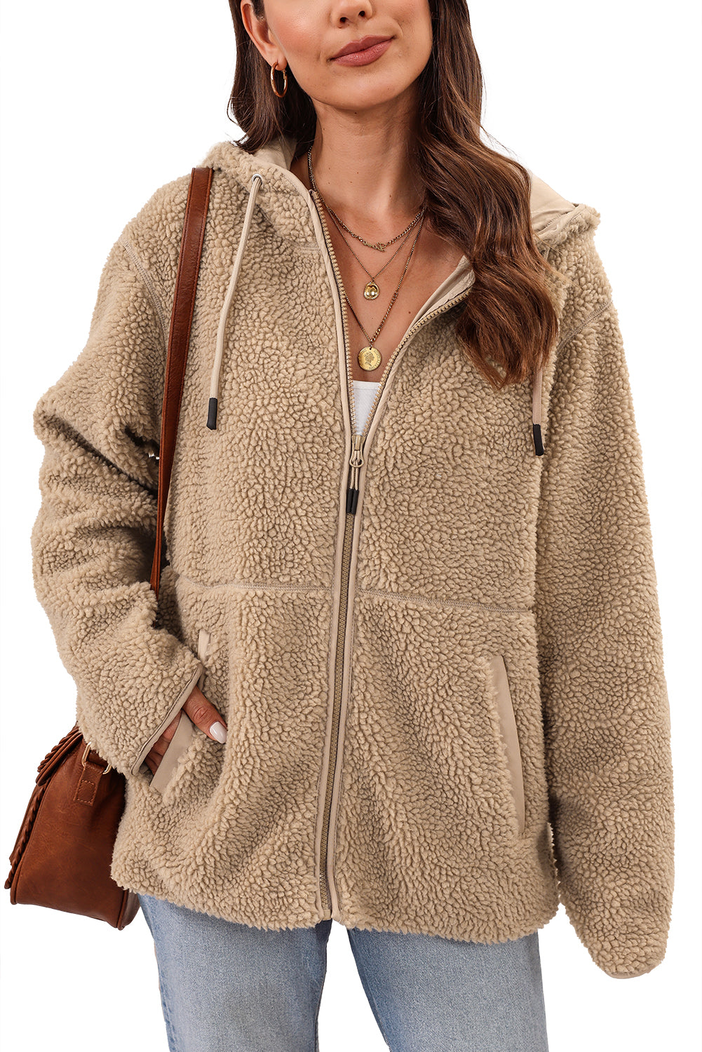 Pale Khaki Fleece Zip Up Drawstring Hooded Pocketed Jacket