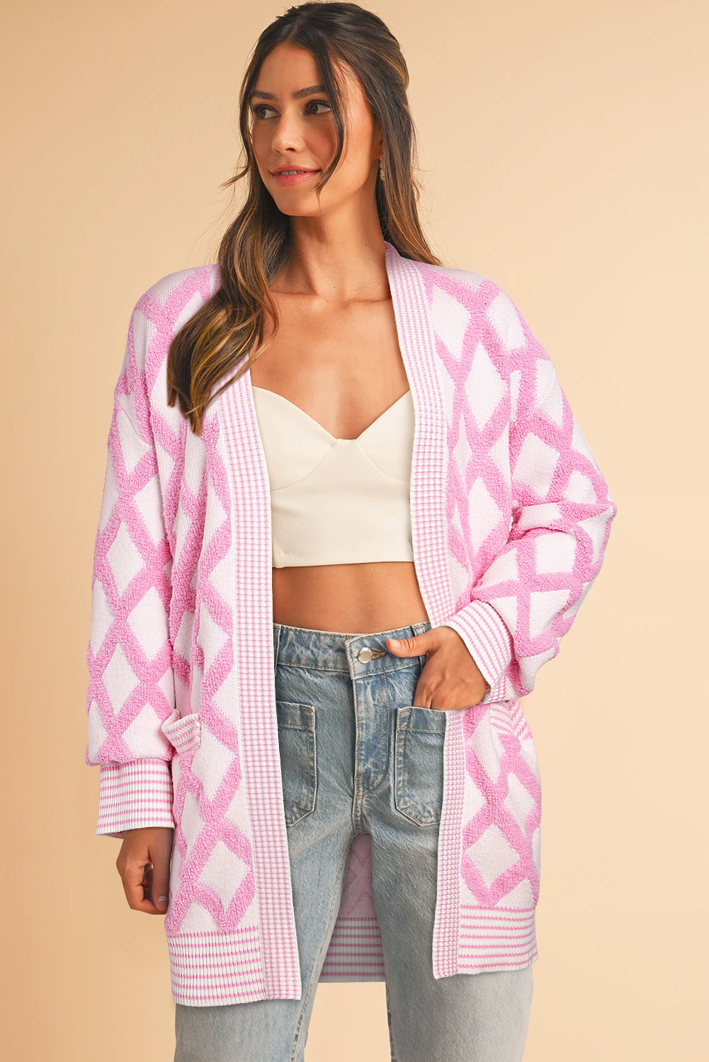 Pink Checkered Pockets Open Front Cardigan