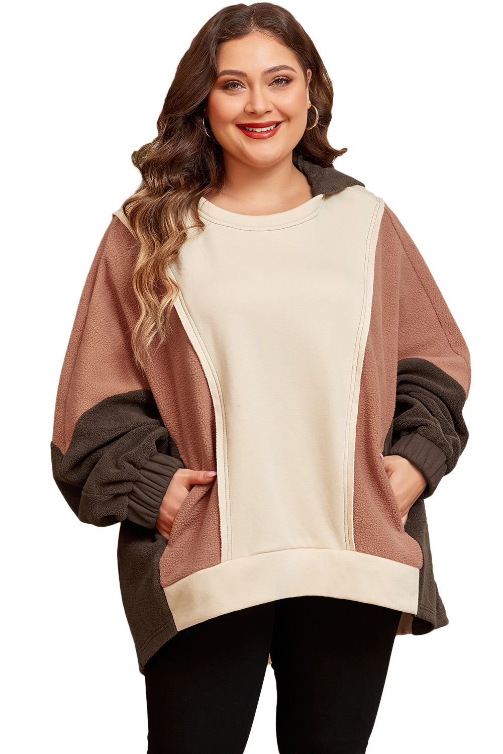 Brown Plus Size Exposed Seam Patchwork Sweatshirt