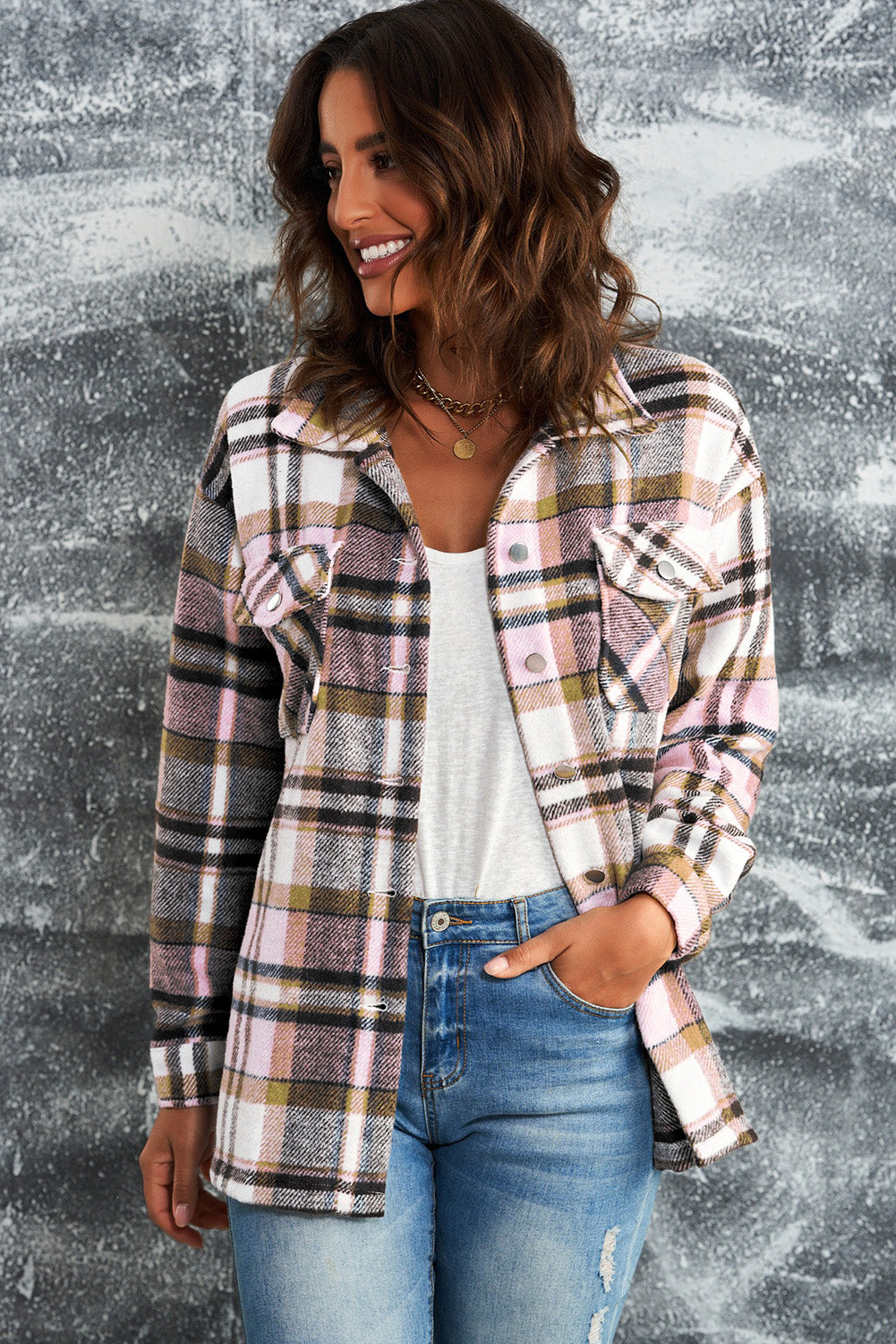 Brown Plaid Button Up Long Sleeve Flannel Shacket