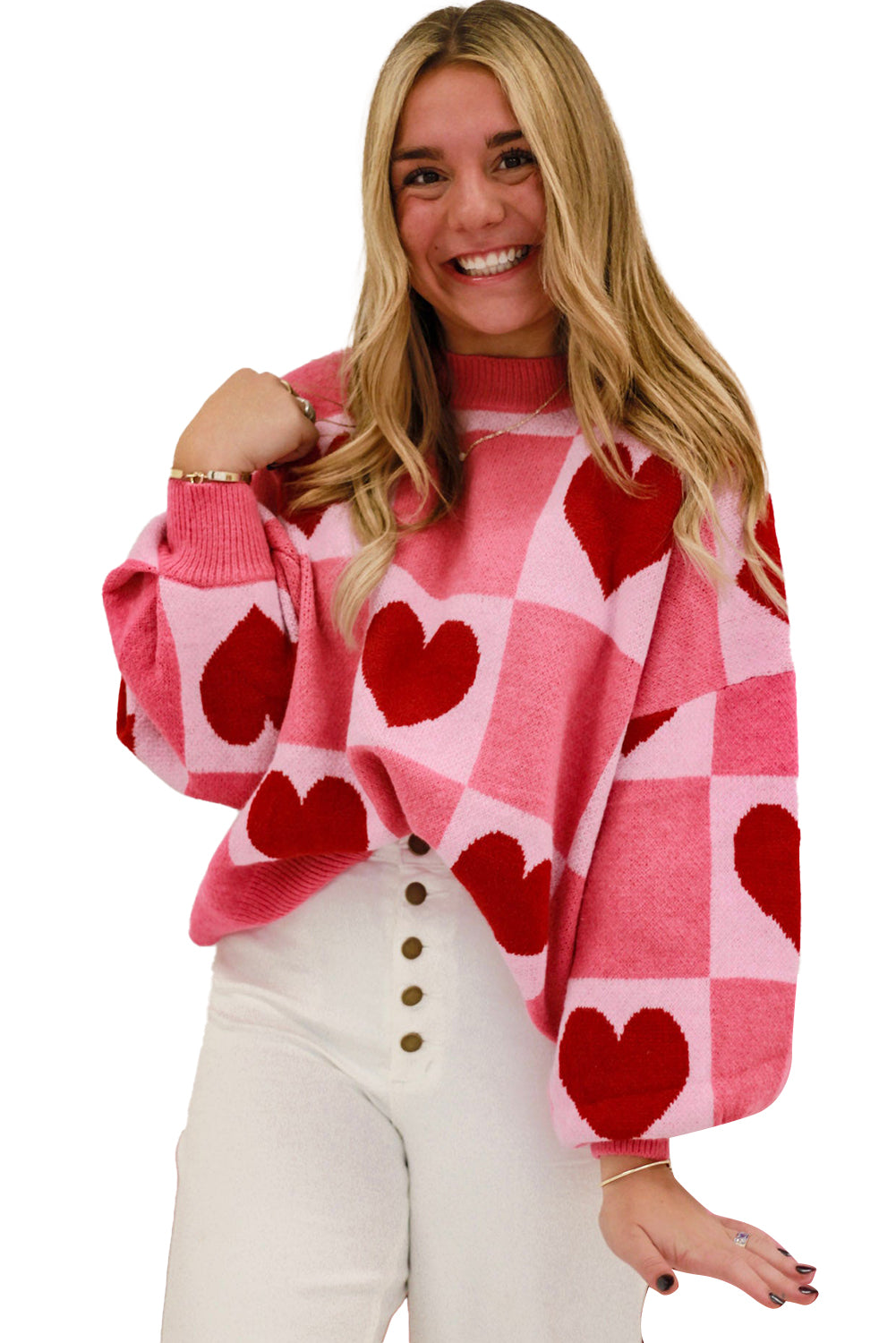 Pink Plus Size Heart Colorblock Mock Neck Lantern Sleeve Sweater