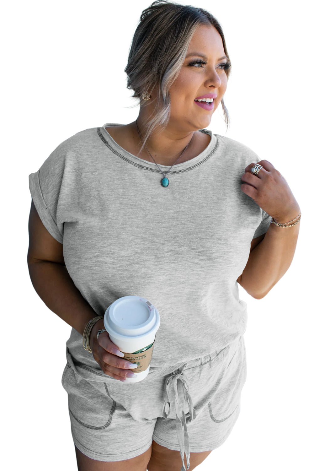 Gray Contrast Stitching Plus Cuffed Sleeve Tee and Shorts Set