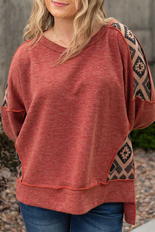 Redwood Burl Geometric Patchwork Plus Size High Low Sweatshirt