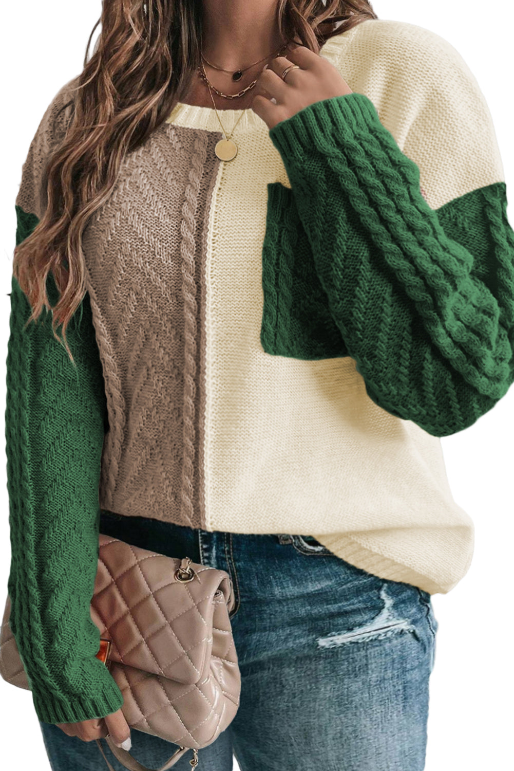 Mist Green Colorblock Plus Size Drop Shoulder Sweater