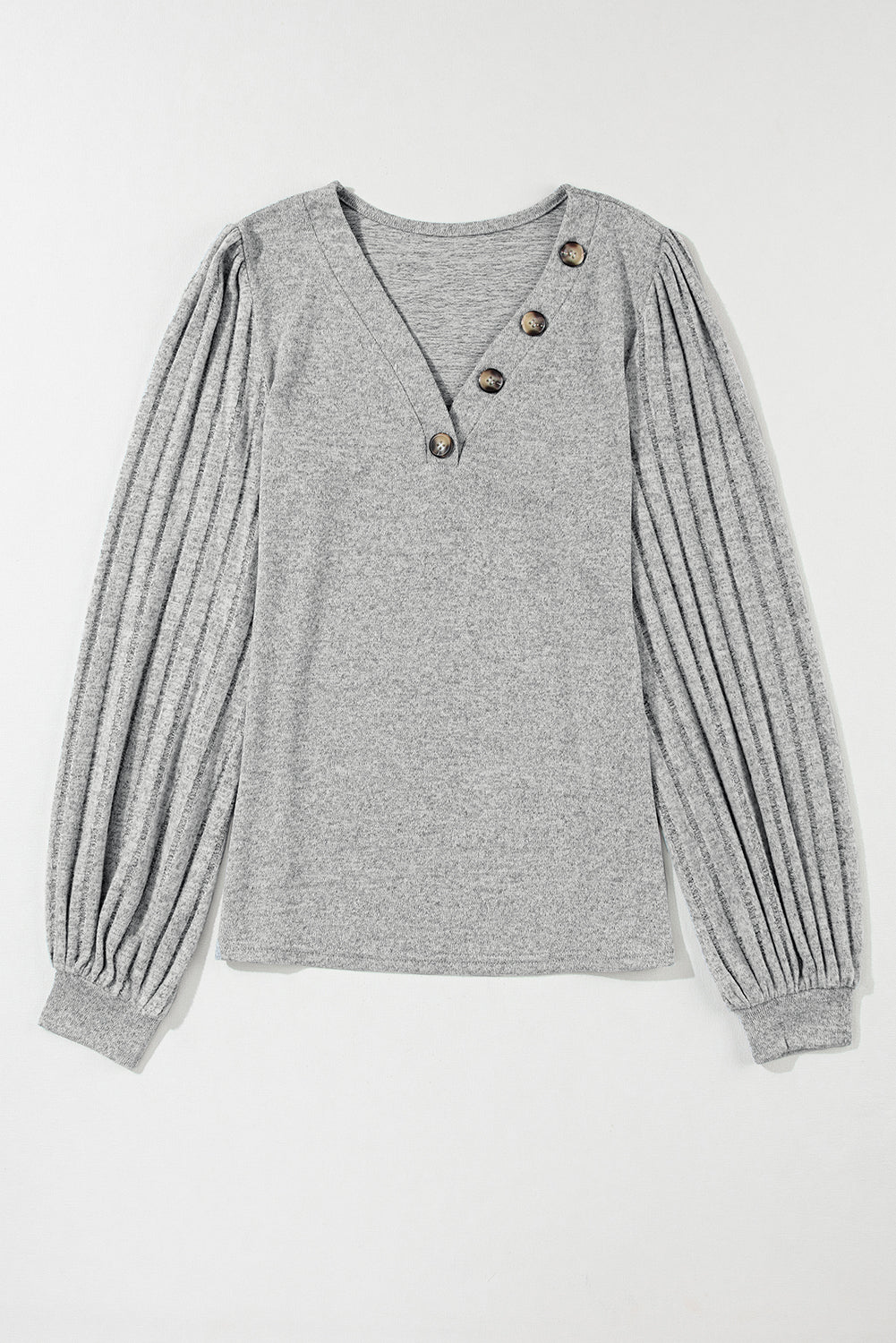 Light Grey Button Detail V Neck Ribbed Bishop Sleeve Top