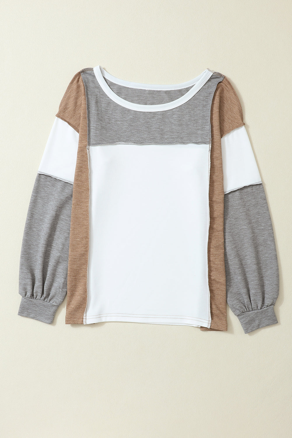 Khaki Color Block Exposed Seam Long Sleeve Top