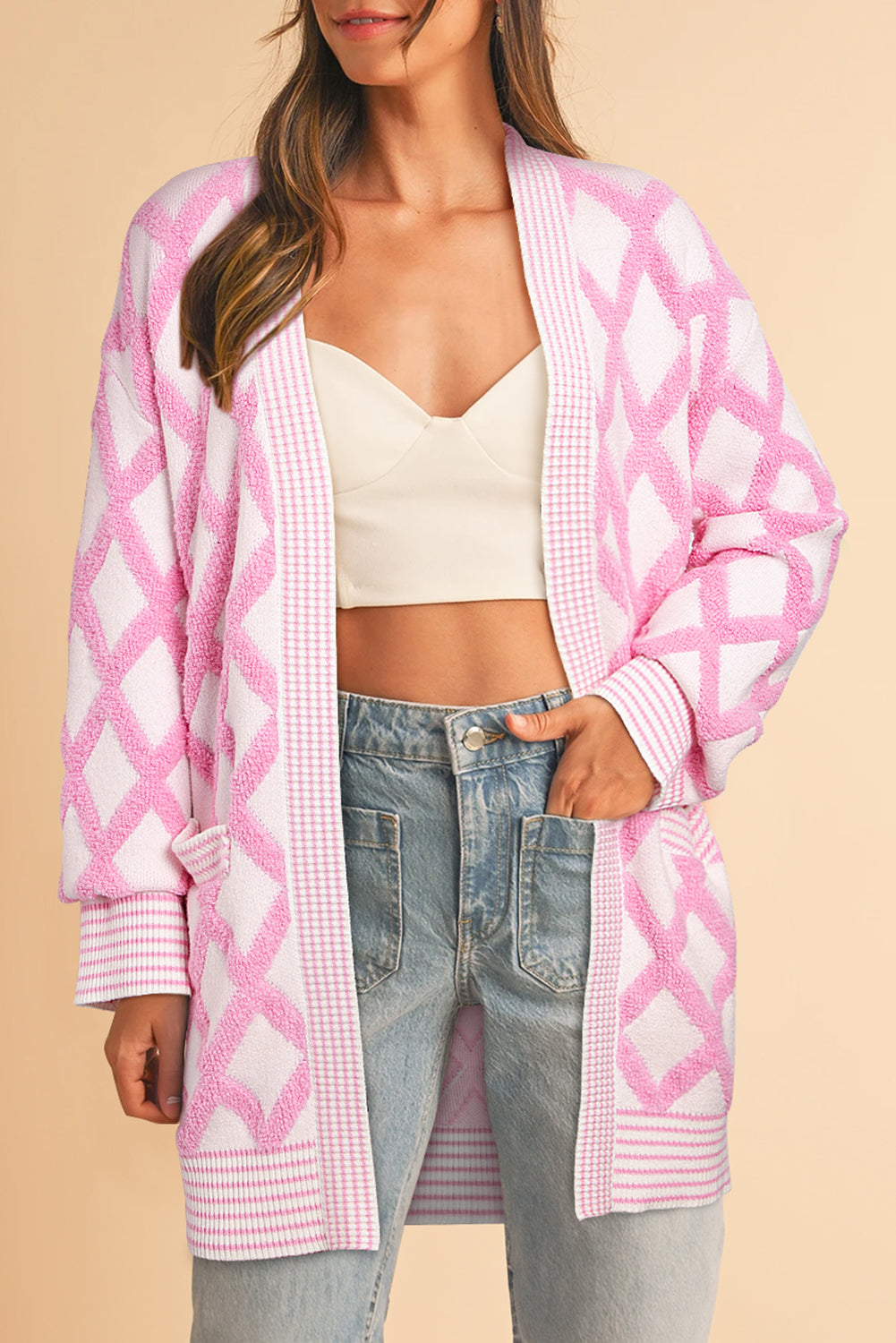 Pink Checkered Pockets Open Front Cardigan