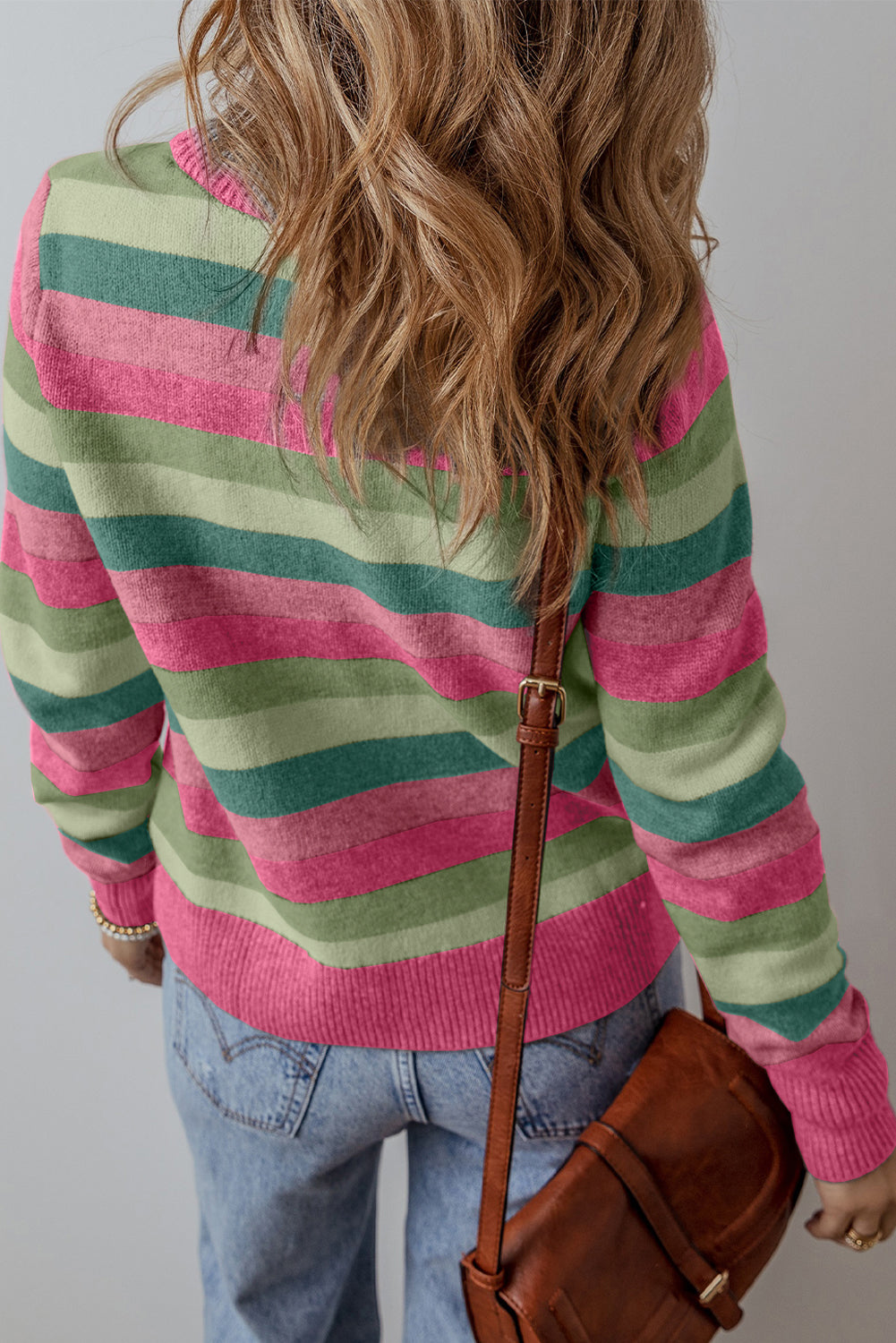 Gray Striped Ribbed Edge Round Neck Sweater