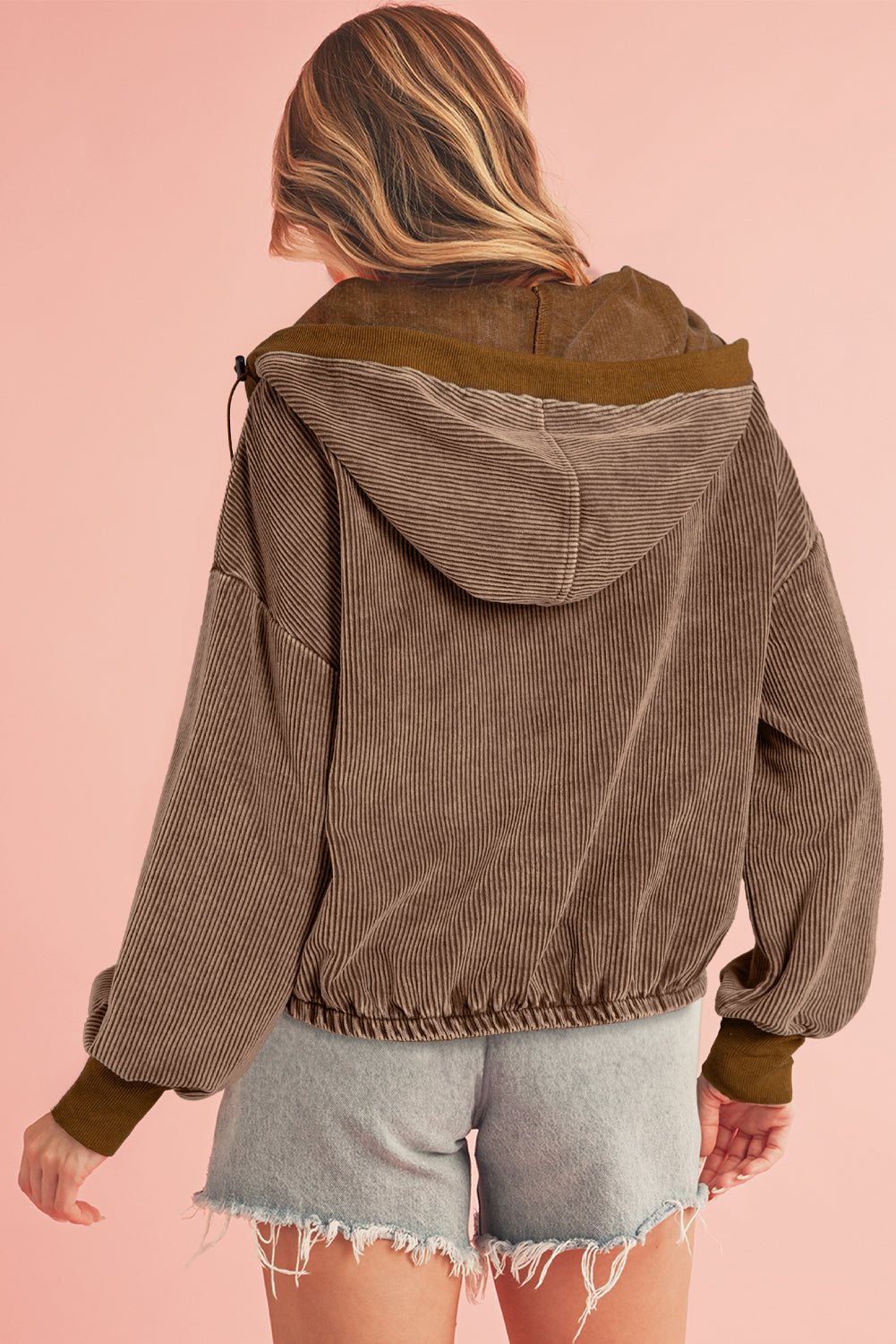 Chestnut Half Zipper Kangaroo Pocket Drawstring Corduroy Hoodie