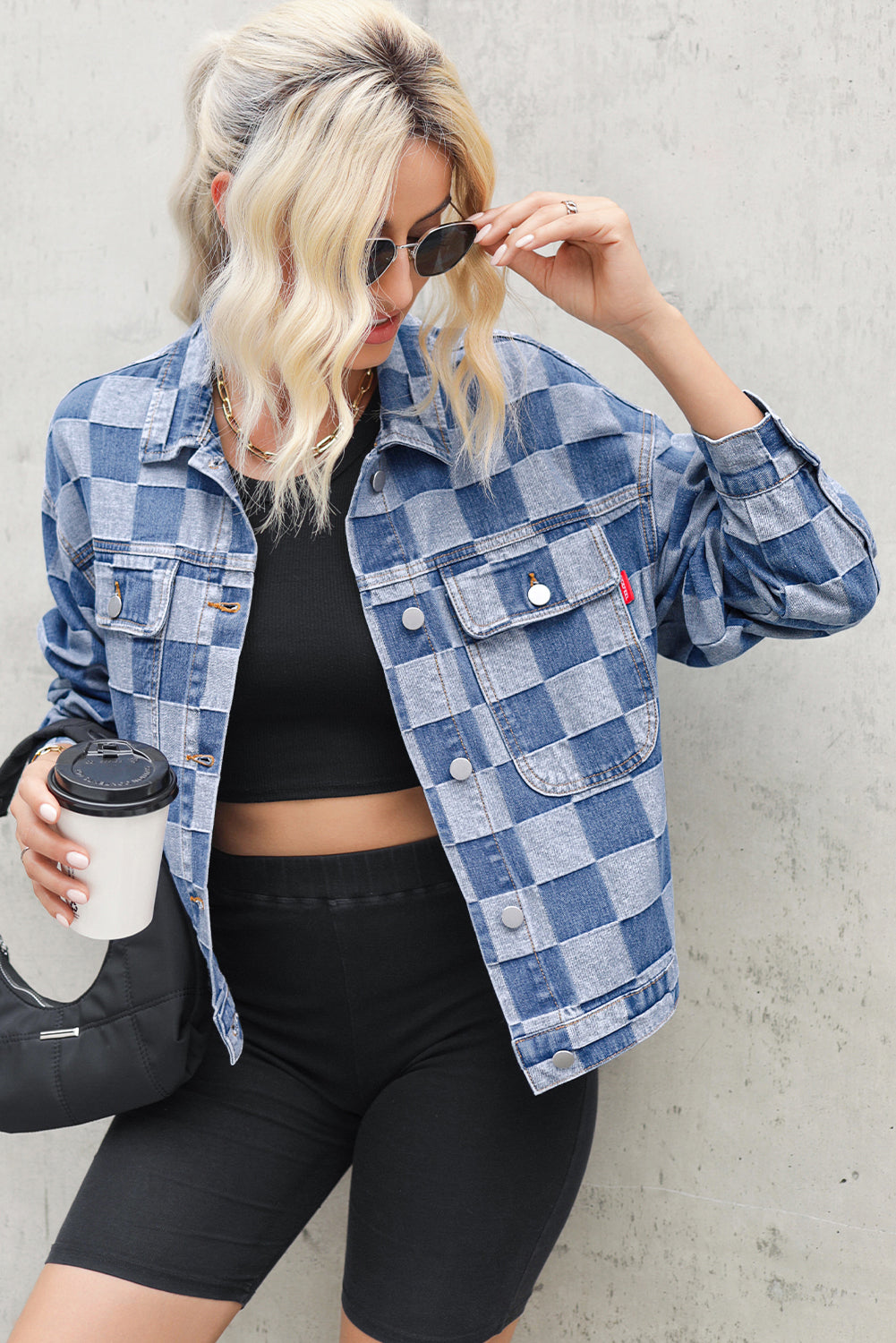 Black Checkered Patchwork Button Up Denim Jacket