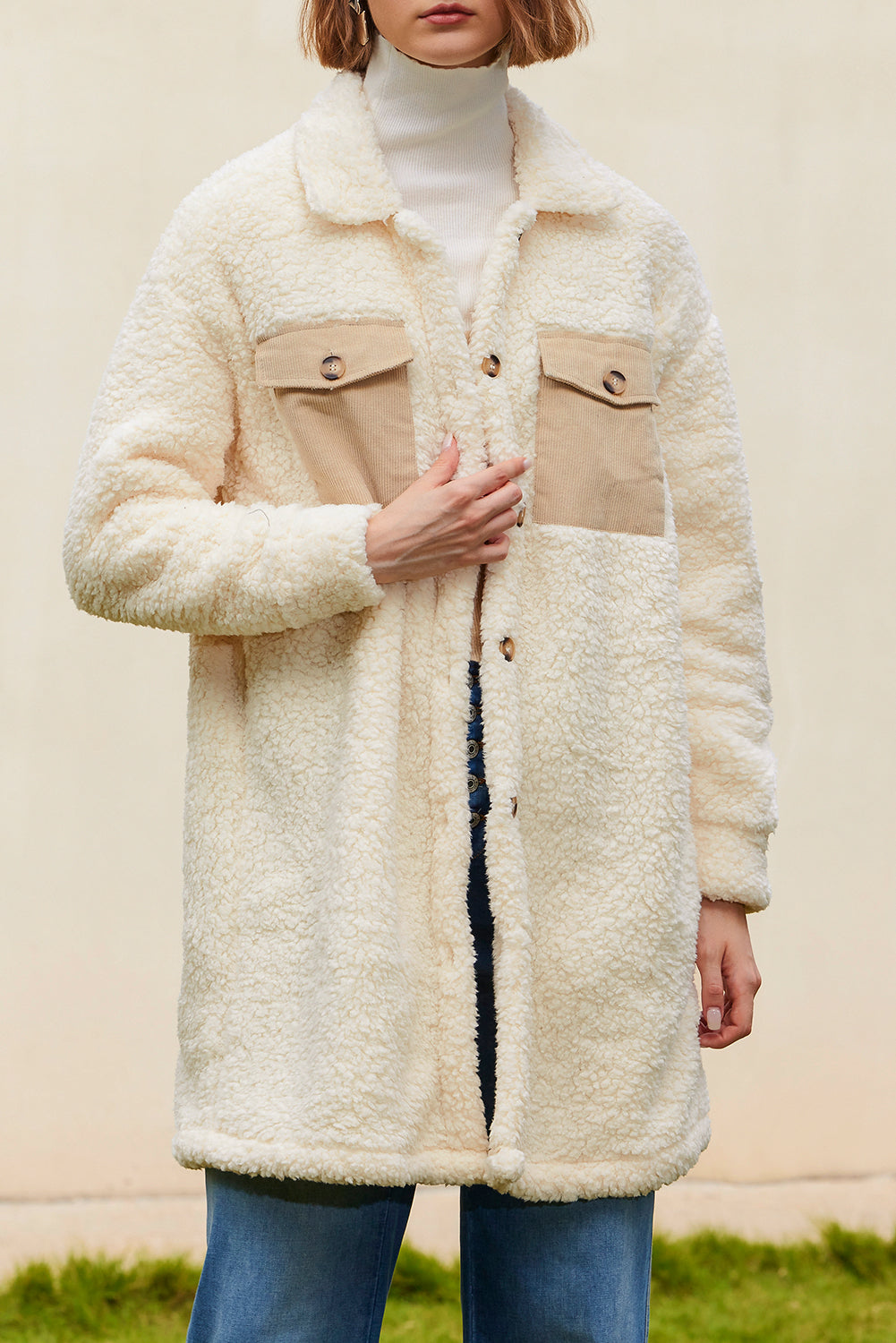 Beige Contrast Flap Pocket Single Breasted Teddy Coat