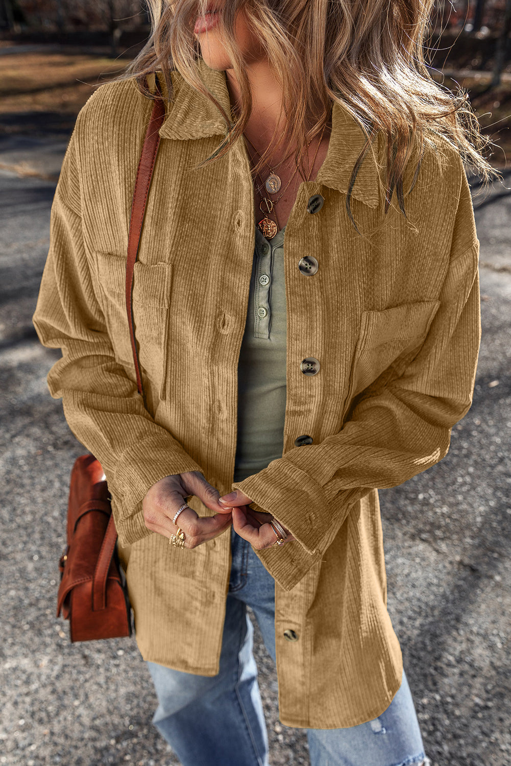 Light French Beige Patched Pocket Button-Up Corduroy Shacket