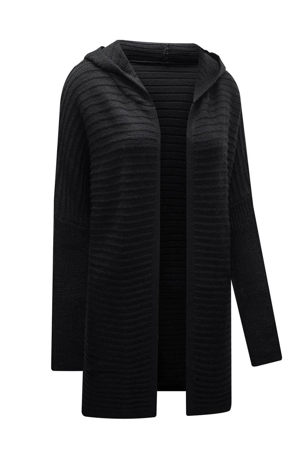 Black Horizontal Rib Knitted Open Front Hooded Cardigan