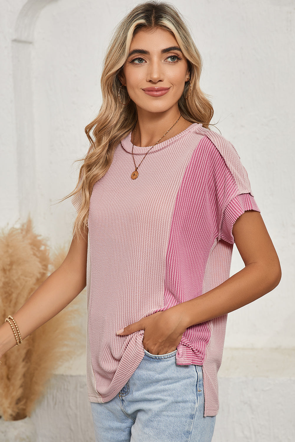 Pink Textured Colorblock Round Neck T Shirt