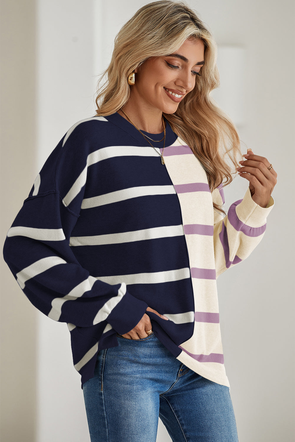 Khaki Stripe Exposed Seam Loose Sweatshirts