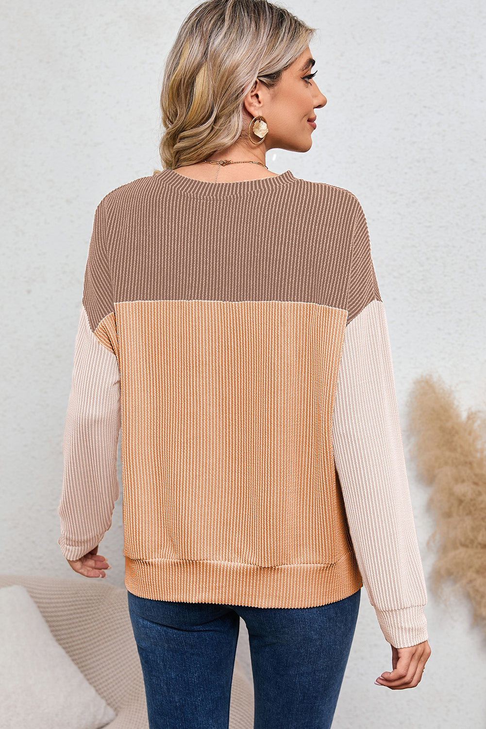 Khaki Color Block Ribbed Loose Long Sleeve Top