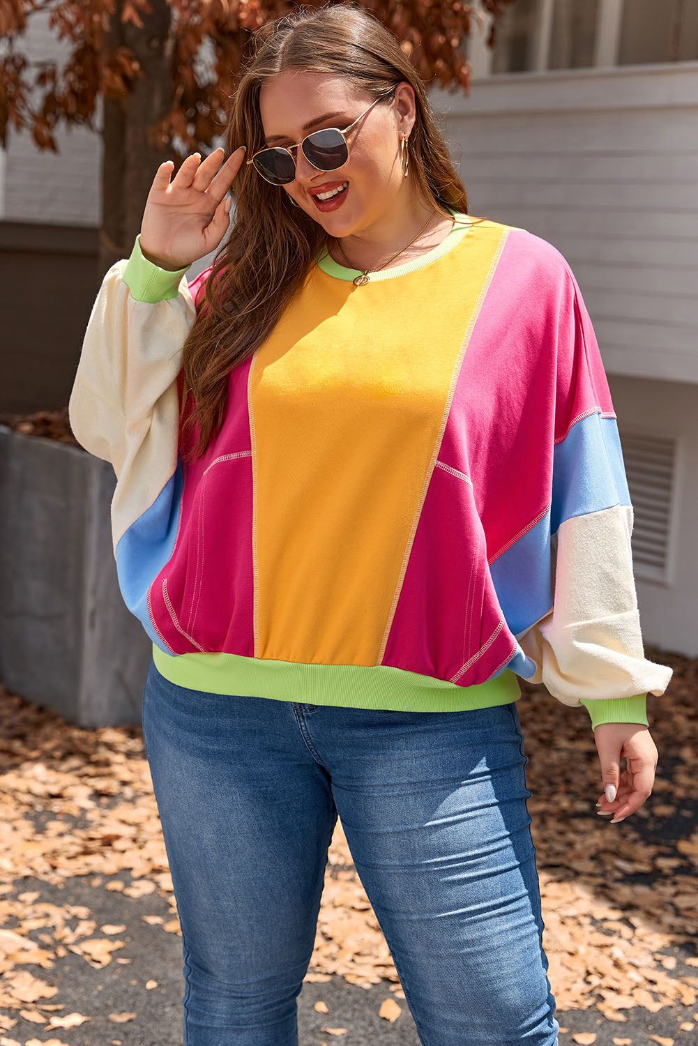 Rose Red Plus Size Colorblock Patchwork Exposed Seam Sweatshirt