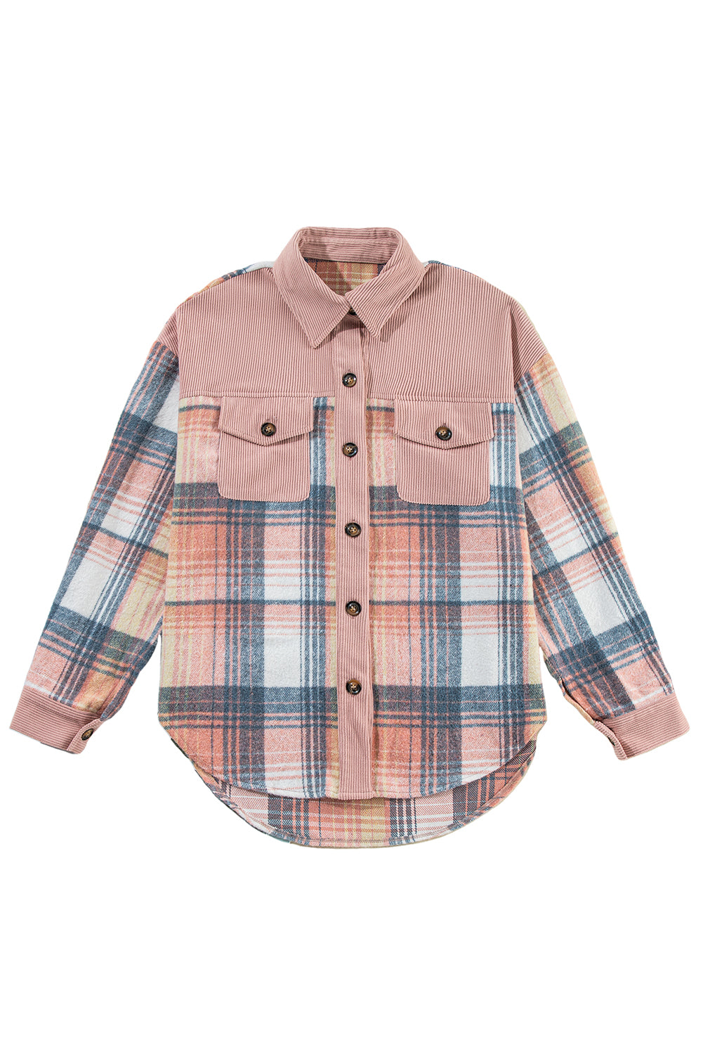 Cinnamon Plaid Corduroy Patchwork Pocket Loose Shacket