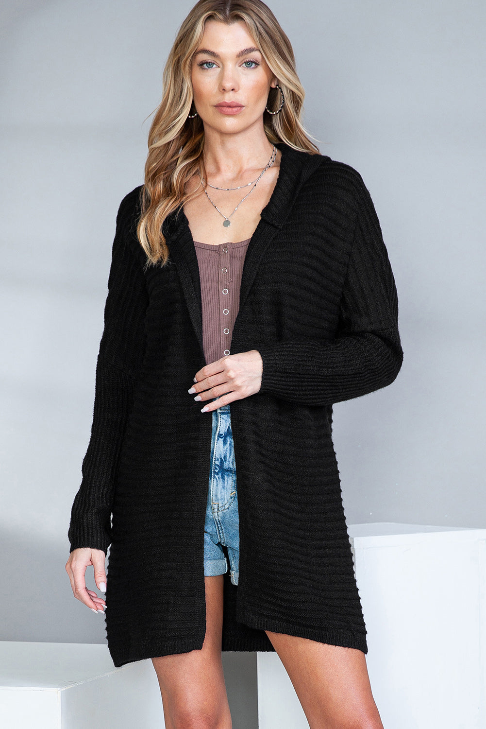 Black Horizontal Rib Knitted Open Front Hooded Cardigan