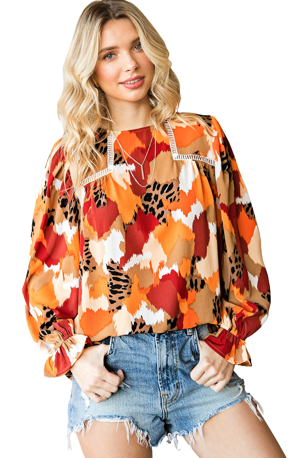 Multicolor Abstract Print Boho Frill Long Sleeve Blouse