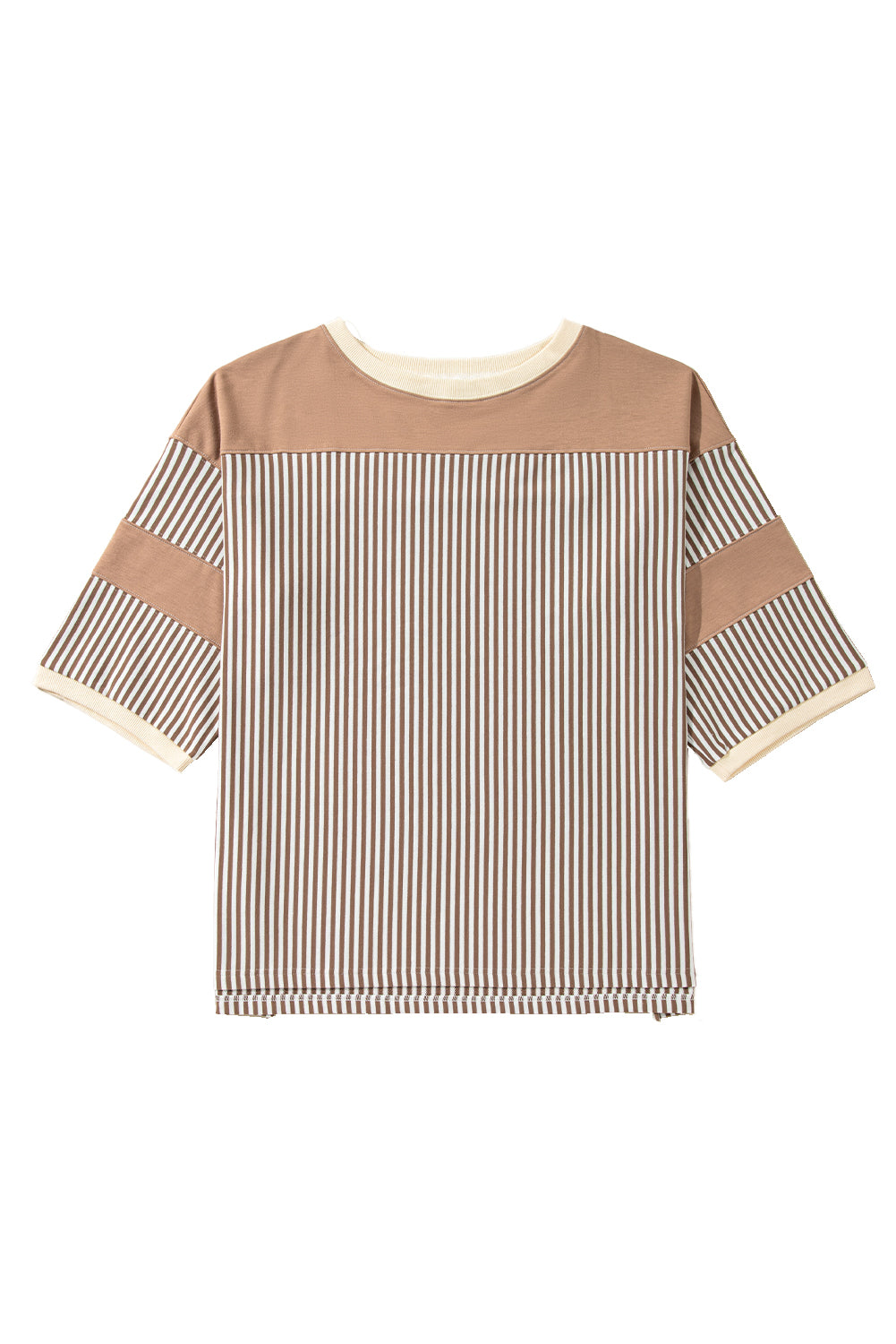 Khaki Stripe Patchwork Bracelet Sleeve Plus Size T Shirt