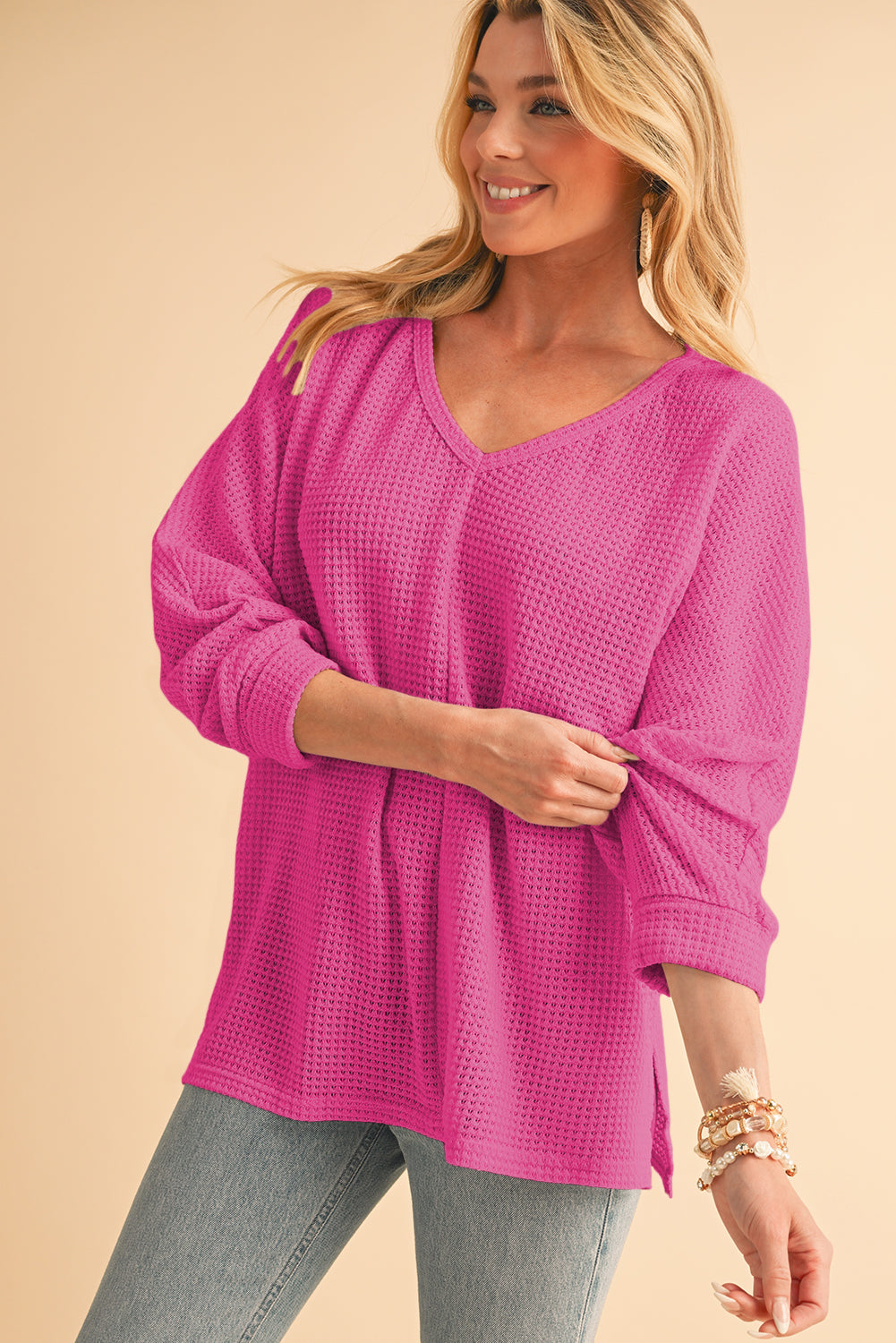 Rose Red Waffle Knit Side Slits Loose Fit V Neck Top